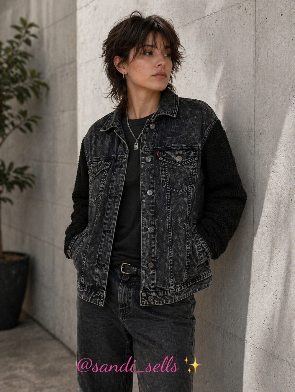 Levi's Denim Black Washed Denim Jacket with Black Sherpa Sleeves